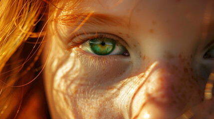 Close-Up Portrait of Young Redhead Woman's Freckles and Green Eyes in Sunlight - Sun-Kissed Beauty