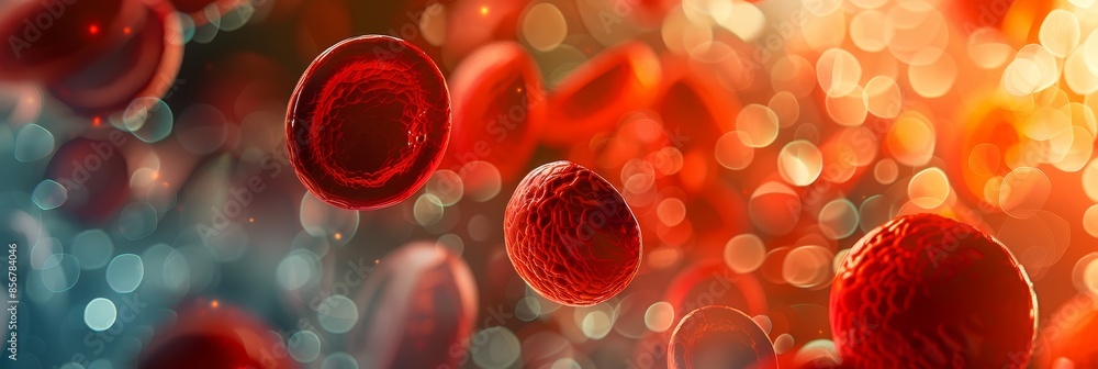 Poster vibrant microscopic view of red blood cells in motion with bokeh effect background - a detailed and 