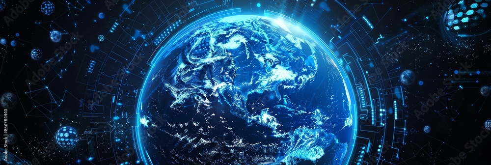 Poster futuristic digital globe depicting advanced technological network connections - a high-tech, futuris