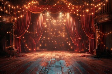 Red Velvet Stage Curtains with Twinkling Lights