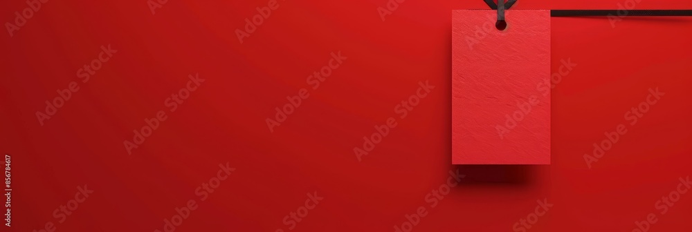 Poster minimalist red background with hanging tag on black string - a minimalist composition featuring a re