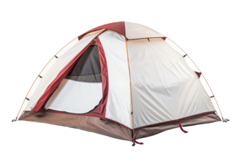 Outdoor camping tent with white and brown fabric, perfect for adventures, hiking, and overnight stays in nature, featuring easy setup.