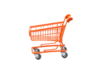 Orange shopping cart isolated on a white background, perfect for retail, grocery, or supermarket themes in a stock photo context.
