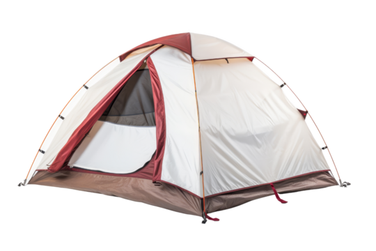 Outdoor camping tent with white and brown fabric, perfect for adventures, hiking, and overnight stays in nature, featuring easy setup.