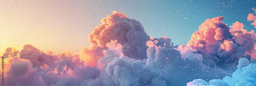 Poster dreamy sunset clouds with sparkling particles in a beautiful colorful sky view - a serene sunset sky