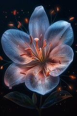 A Single, Elegant Blue Lily With Golden Sparkle Elements on a Dark Background