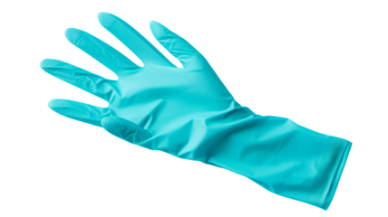 Single blue rubber glove on white background, perfect for medical, cleaning, or laboratory use.