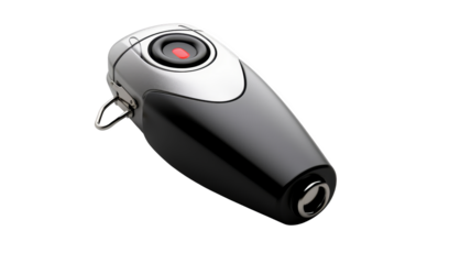 Sleek black and silver key fob with a red button, isolated on a white background. High-resolution stock photo for automotive and security concepts.