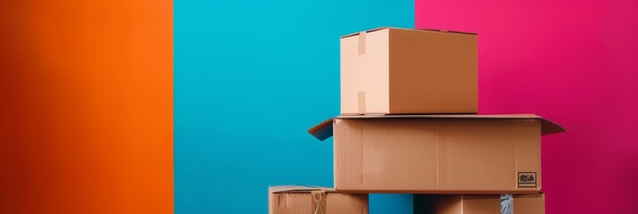 Stack of Cardboard Boxes Against Vibrant Background - A stack of cardboard boxes is set against a colorful background with bright orange, blue, and pink hues.