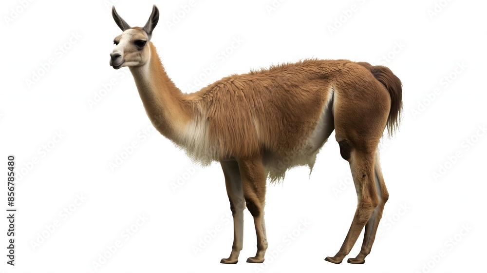 Poster 2. design an isolated image of a llama in its entirety, emphasizing its slender neck and woolly fur.
