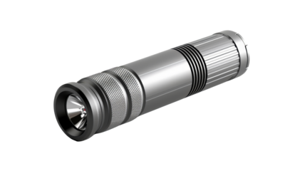 A sleek, metallic flashlight against a white background. Ideal for camping, emergencies, and outdoor activities. High-quality, durable, and portable.