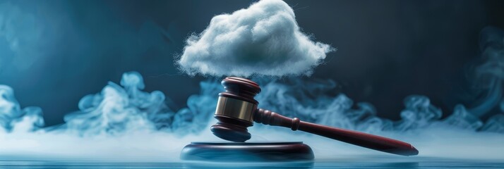 Surreal Legal Fantasy: Floating Cloud Hammer of Justice - A surreal image of a judge's gavel with a floating cloud above, surrounded by mist and a blue, ethereal atmosphere.