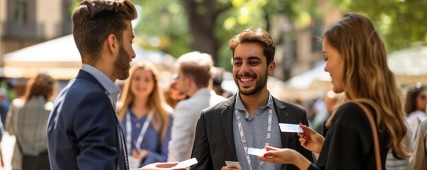Open-air networking event, professionals exchanging business cards, bright summer day, urban setting, photo-realistic, high detail