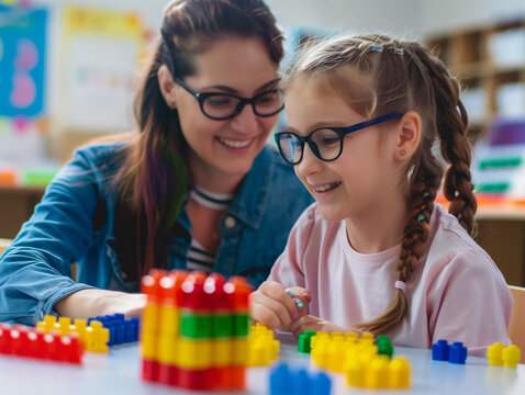 Joyful Autistic Girl Learning with Teacher in Classroom - Inclusive Education and Supportive Environment