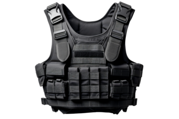 Black tactical vest designed for military and law enforcement. Features multiple pockets and adjustable straps for a secure, customized fit.