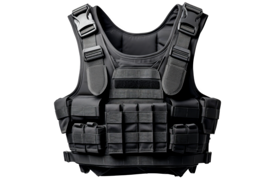 Black tactical vest designed for military and law enforcement. Features multiple pockets and adjustable straps for a secure, customized fit.