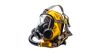 Close-up of a yellow industrial protective mask with respirator, ensuring worker safety in hazardous environments.