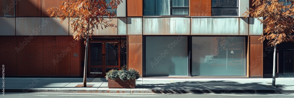 Poster Modern Cityscape with Minimalist Architecture and Autumn Trees - An urban scene featuring modern architecture and autumn trees, capturing an essence of tranquility and simplicity.