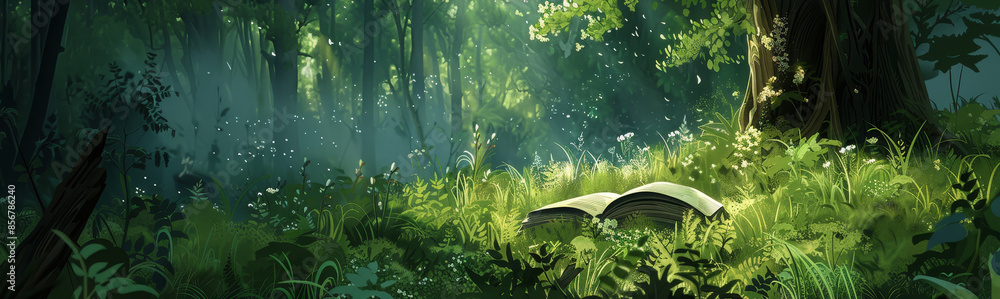 Poster magical forest with open book and lush greenery under soft sunlight - an open book sits in a tranqui