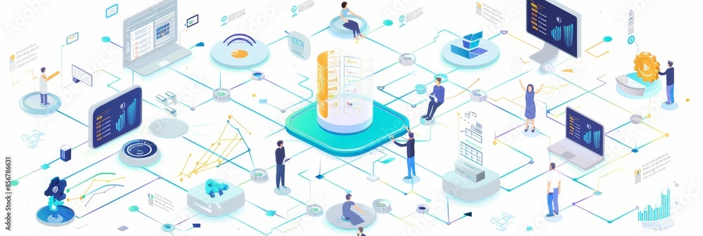 Poster networked collaboration in a digital workspace with smart technology - modern illustration of collab