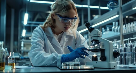 Female scientist conducting research in a modern laboratory environment with a microscope