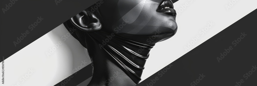 Poster monochrome abstract portrait: black and white face in geometric patterns - striking monochrome abstr