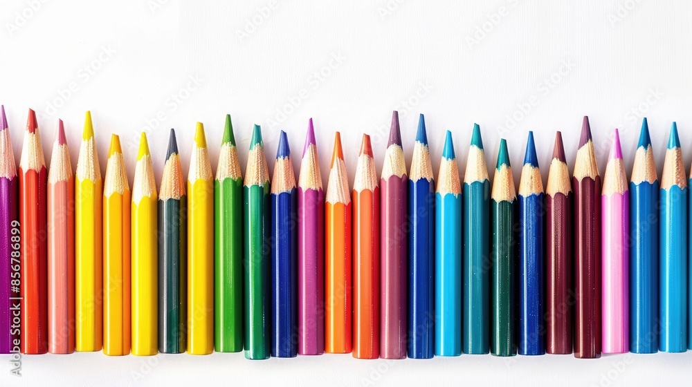 Poster wave row of colored pencils on white background representing back to school theme with empty space
