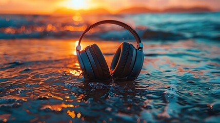 Woman listening to music by the sea at sunset.
