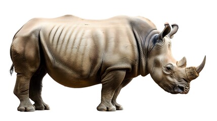 Obraz premium 2. Design an isolated image of a rhinoceros in its entirety, highlighting its broad body and distinctive facial profile. Ensure the background is transparent for seamless integration into various