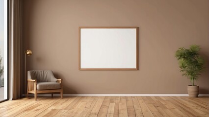 Fototapeta premium Interior home of living, room with blank frame poster mock up and armchair on brown wall copy space, hardwood floor