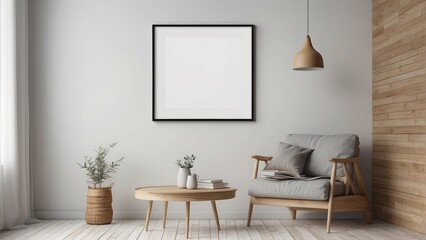 Interior home of living room with blank frame poster mock up and armchair on white wall, Scandinavian style