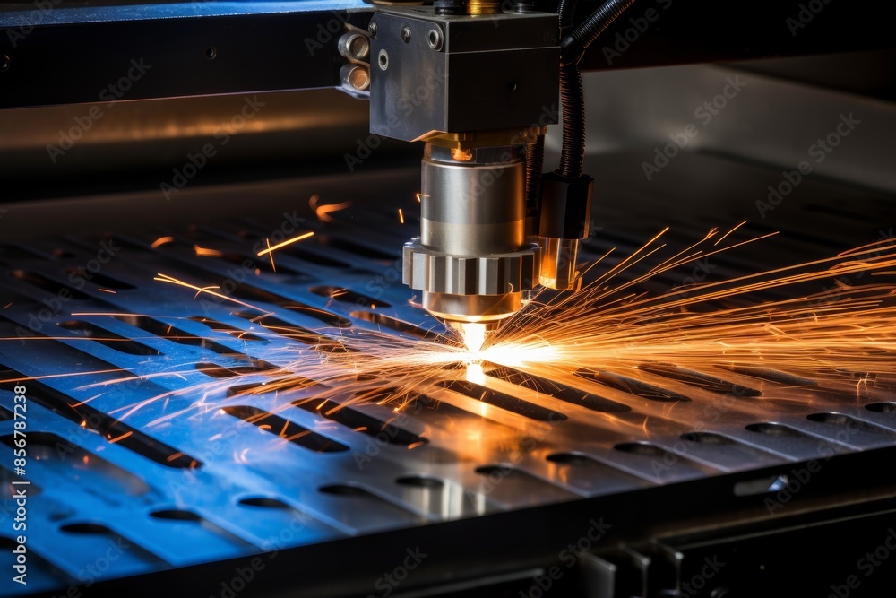 Poster precision cnc milling machine carving complex geometric shape in metal with sparks flying