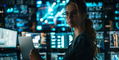 Female software developer working on laptop in futuristic office