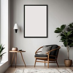 Interior home of living room with blank frame poster mock up and armchair on white wall, Scandinavian style