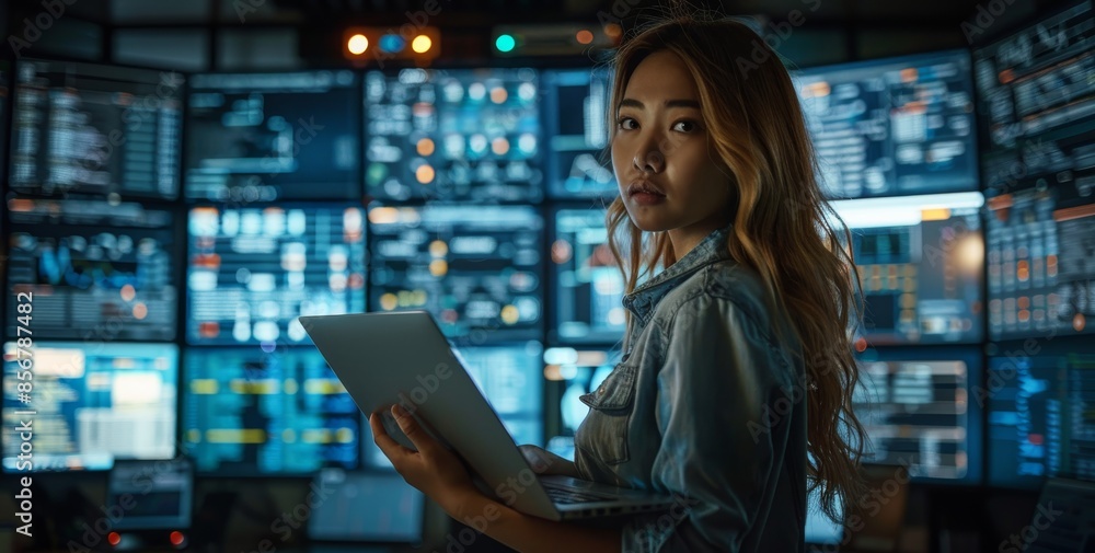 Poster female software developer working on a laptop in front of multiple digital screens in a data center