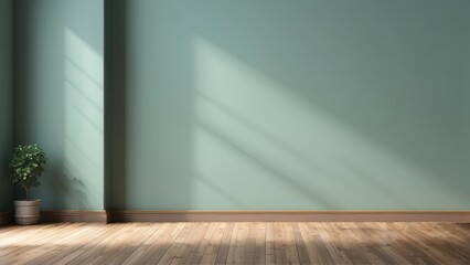 Interior home of empty room with wooden floor on mint green wall copy space, modern style