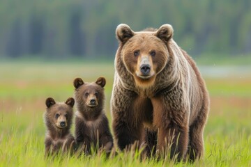 Fototapeta premium Brown bear (Ursus arctos) and two cubs side by side, spring