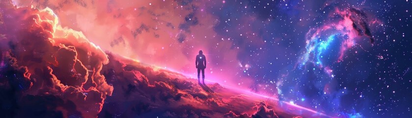 A lone figure stands on a vibrant cosmic landscape, surrounded by colorful nebulae and distant stars in a surreal space scene.