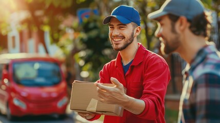 Delivery woman delivering box to the man