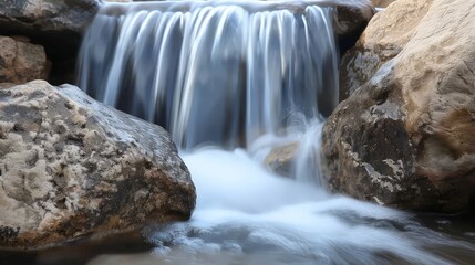 Fototapeta premium Organic motion capture of water cascading over rocks in a natural setting ideal for background use