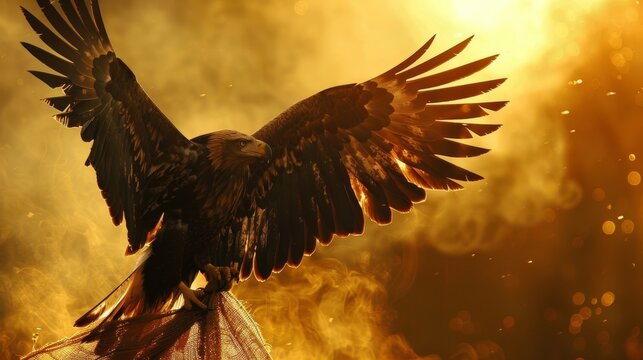 In a dramatic display of strength an eagle grasps onto a heavy burlap fabric determined to carry it to its destination.