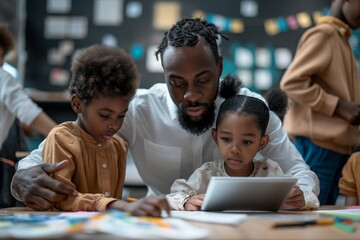 Obraz premium A father assists his young children with their homework in a classroom setting, emphasizing family involvement and support in education.