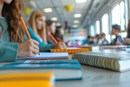 Students diligently writing in their notebooks during a classroom study session, showcasing concentration and dedication to their academic tasks.