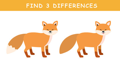 Find 3 differences in illustration. Educational activity with cute fox illustration. Spot difference. Educational fun game for children.