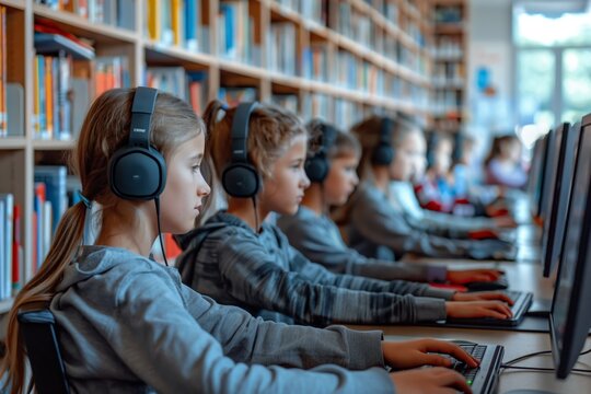 A young girl intently working on a computer in a school library, highlighting concentration and dedication to her studies.