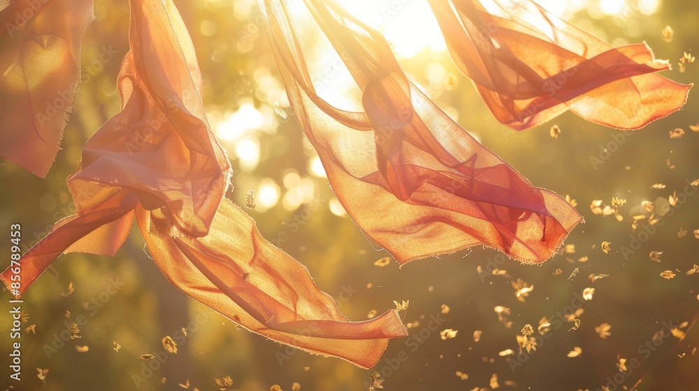 Poster playful scraps of fabric taking flight as if they have a mind of their own and are off on an adventu