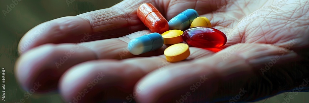 Aufkleber a close-up shot of a hand holding colorful pills, with the background softly blurred to create an in