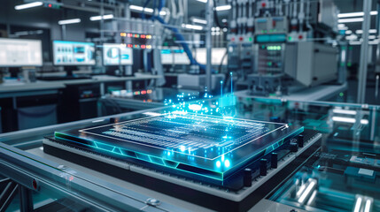 Advanced RD lab with holographic chip designs, pushing the boundaries of technology