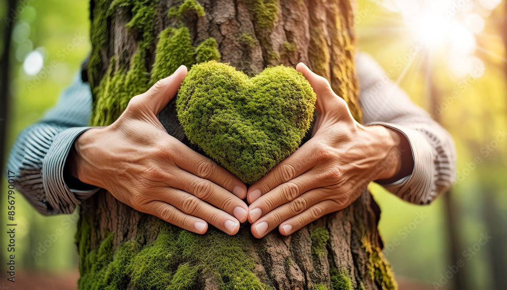 Poster extreme close-up of hands and arms of man hugging a tree trunk with green moss in the shape of a hea