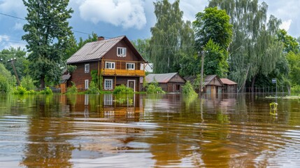 Obraz premium consequences of a flood in a small town or village. private houses and streets in water after a dam break or rainstorms